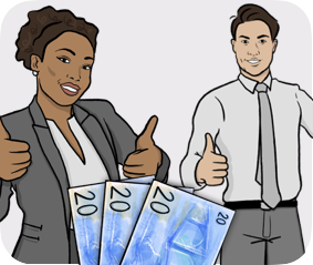 Illustration of euro's banknotes a woman and man in working thumbs up, evoking fair pay